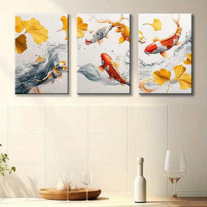 3pcs Painted Koi Carp Illustration Wall Art Set Canvas Framed 50x70cm - High Quality Print 100% Australian Made Wall Canvas Ready to Hang