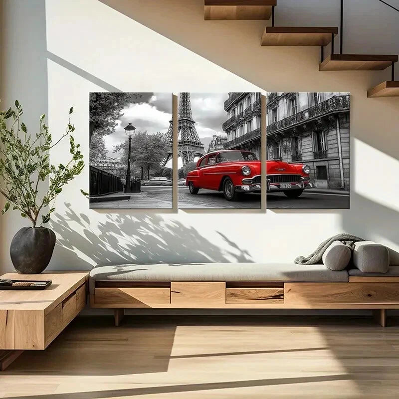 3pcs Eiffel Tower Red Car Paris Street Metal Print Ready to Hang Art - Bella Home Decor