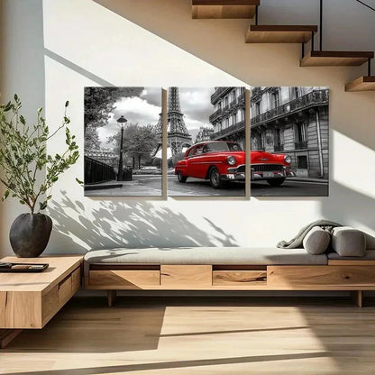 3pcs Eiffel Tower Red Car Paris Street Metal Print Ready to Hang Art - Bella Home Decor