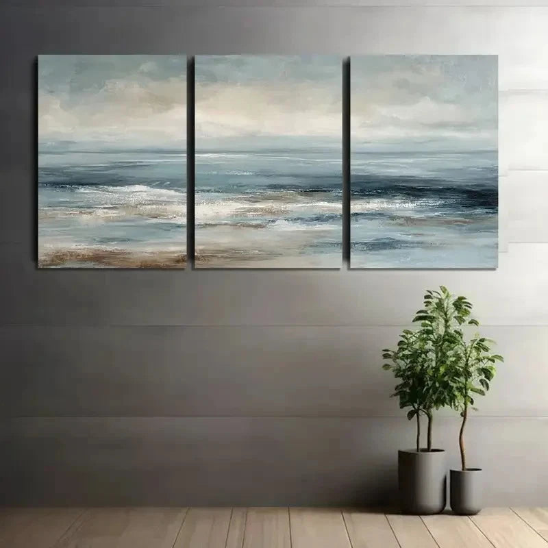 3pcs Muted Ocean Oil Painting Poster Metal Print Ready to Hang Art - Bella Home Decor