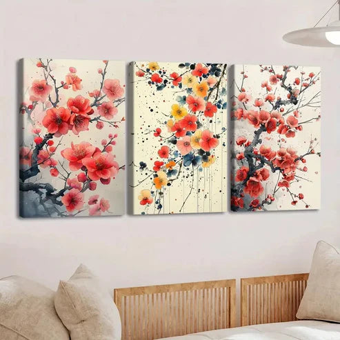 3pcs Vibrant Floral Red & Yellow Blue White Tree Wall Art Set Canvas Unframed - High Quality Print 100% Australian Made Wall Canvas
