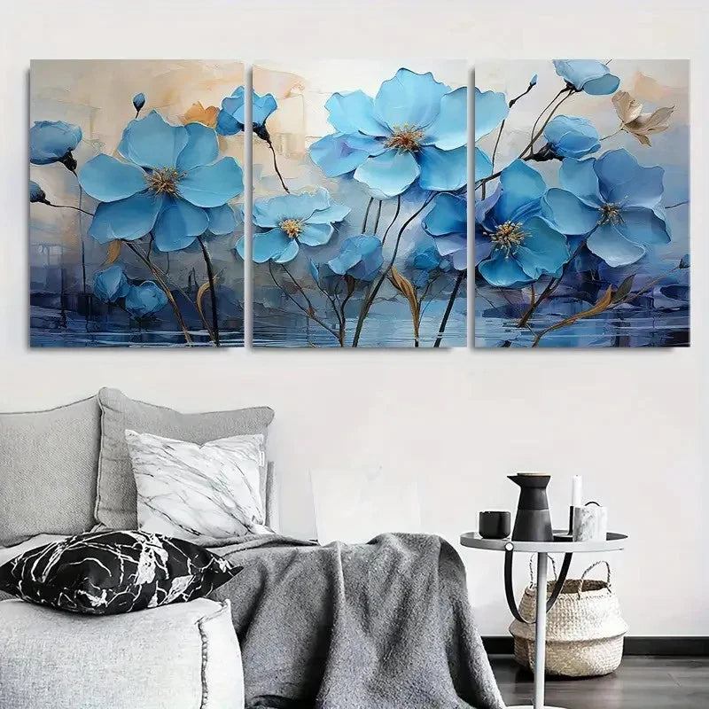 3pcs Blue Flowers and Golden Accents Metal Print Ready to Hang Art - Bella Home Decor