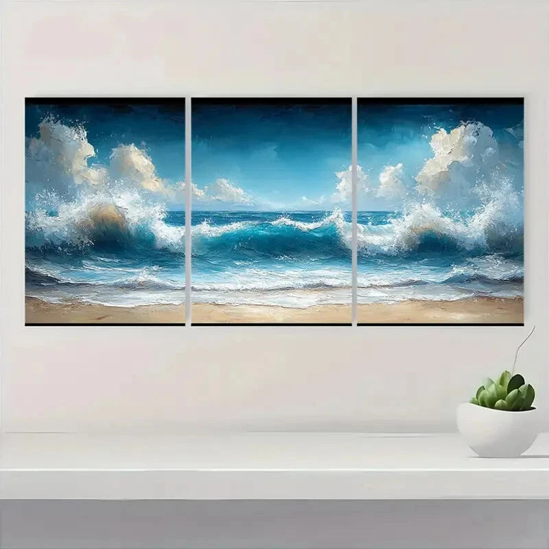 3pcs Coastline Ocean Waves & Beach Scenery Metal Print Ready to Hang Art - Bella Home Decor