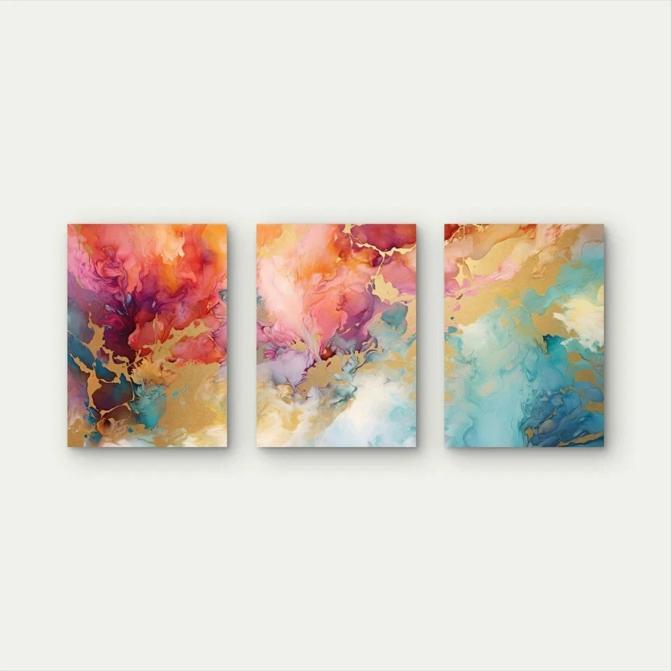 3pcs Vibrant Fusion Of Golden Elements Wall Art Set Canvas Framed 50x70cm - High Quality Print 100% Australian Made Wall Canvas Ready to Hang