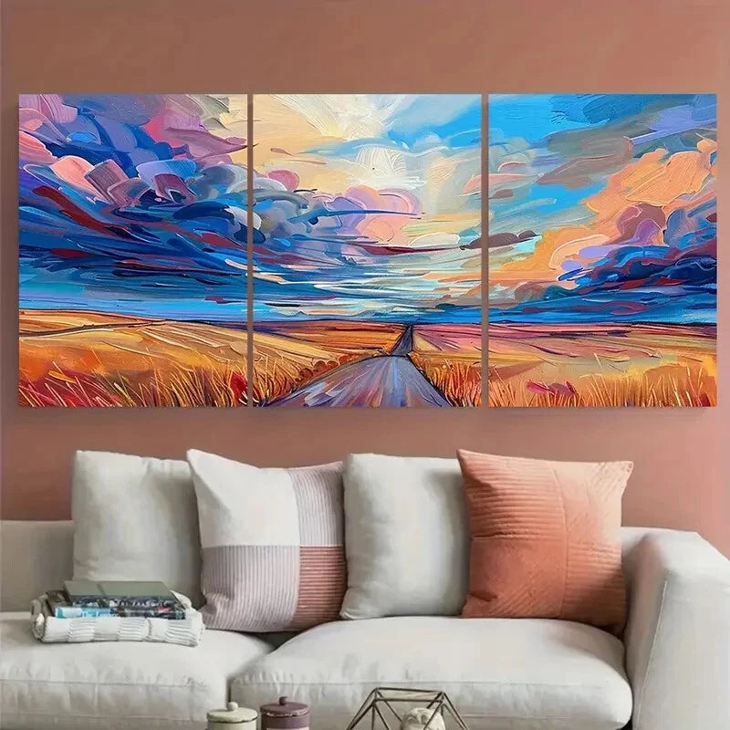 3pcs Dramatic Sky over a Road in Wheat Field Metal Print Ready to Hang Art - Bella Home Decor