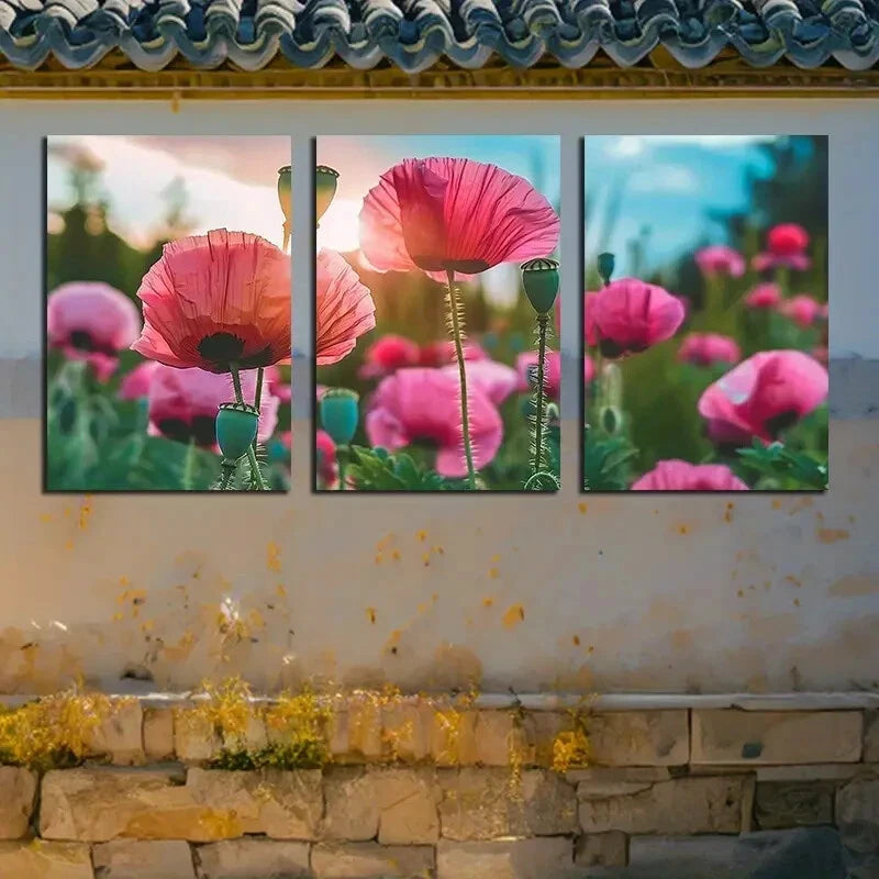 3pcs Vibrant Charming Cloudy Sky & Flower Fields Metal Print Ready to Hang Art - Bella Home Decor