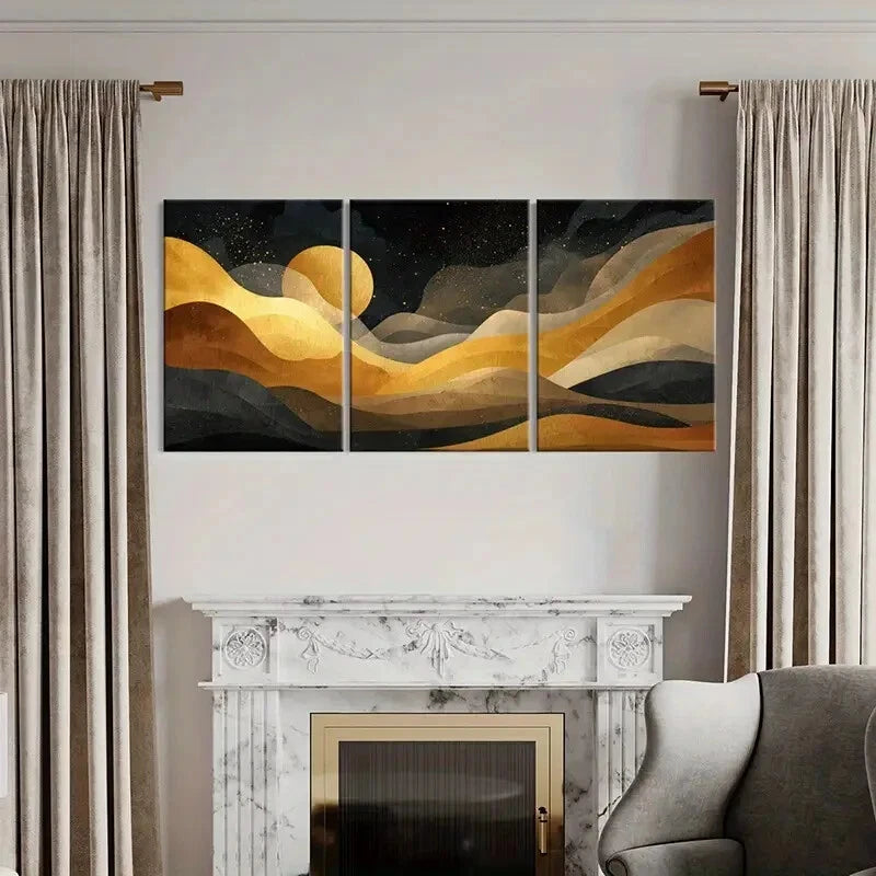 3pcs Night Sky Abstract Landscape Art Golden Moon Metal Print Ready to Hang Art - Bella Home Decor