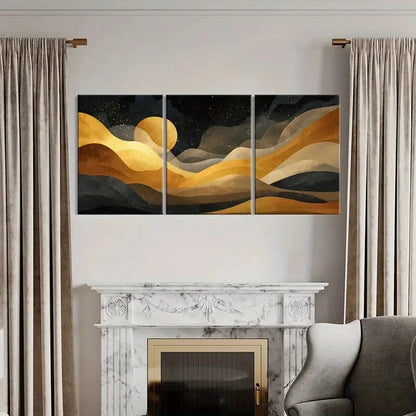 3pcs Night Sky Abstract Landscape Art Golden Moon Metal Print Ready to Hang Art - Bella Home Decor