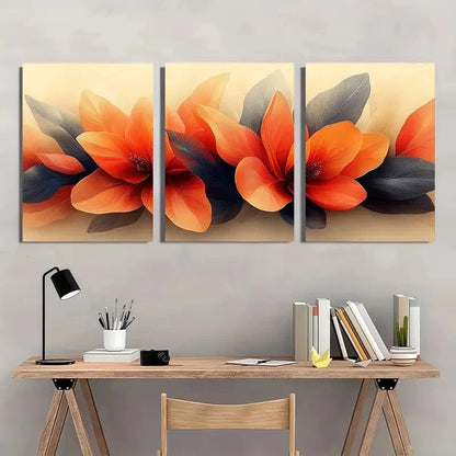 3pcs Vibrant Orange Abstract Floral Metal Print Ready to Hang Art - Bella Home Decor