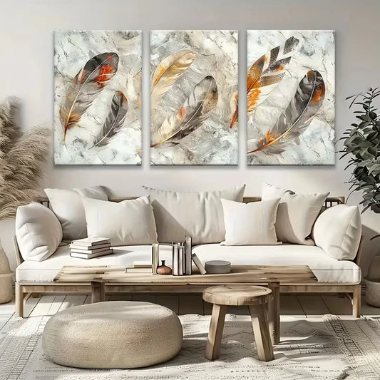 3pcs Neutral Tone Texture Background With Feathers Metal Print Ready to Hang Art