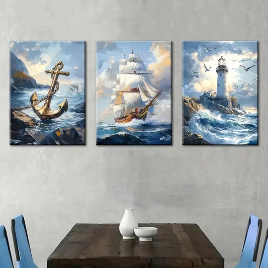 3pcs Abstract Nautical Anchor Sailboat Lighthouse Metal Print Ready to Hang Art