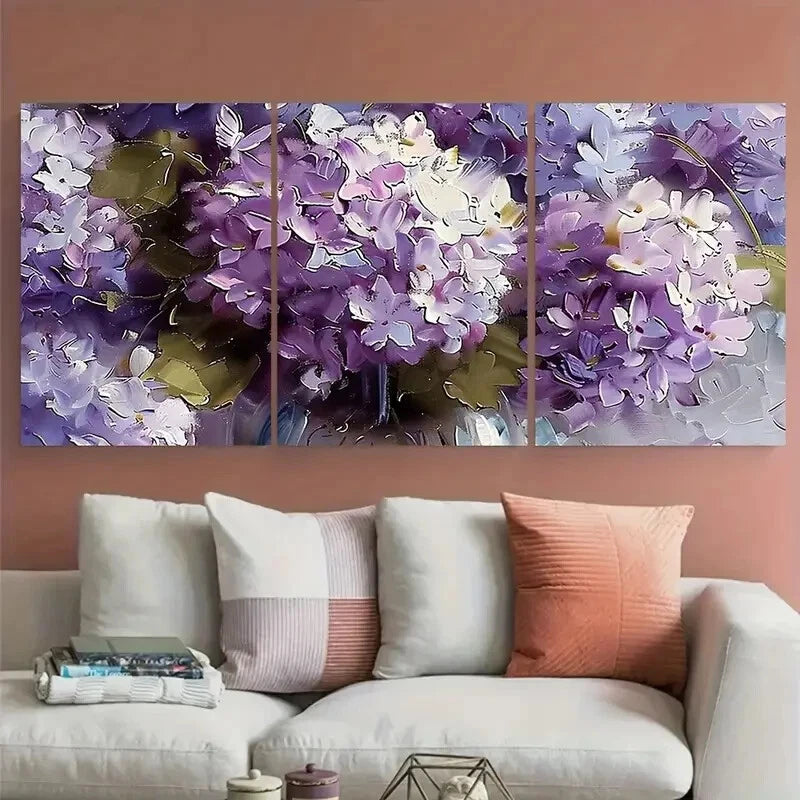 3pcs Lilac Blossom Floral with Green Leaves Metal Print Ready to Hang Art