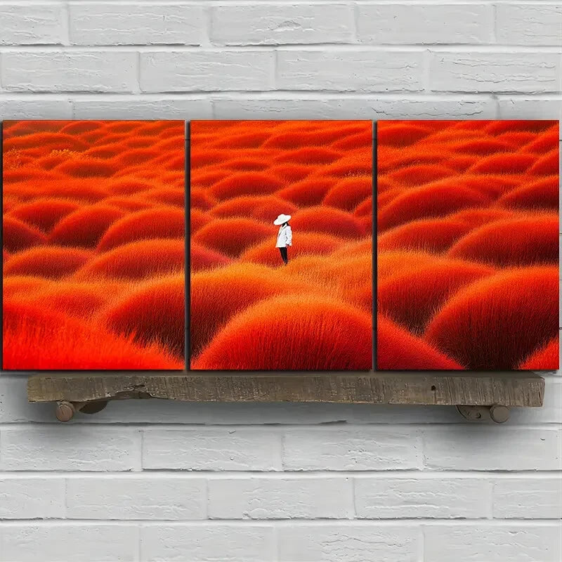 3pcs Person Wearing Hat Red Field Metal Print Ready to Hang Art - Bella Home Decor