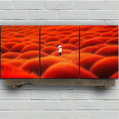 3pcs Person Wearing Hat Red Field Metal Print Ready to Hang Art - Bella Home Decor