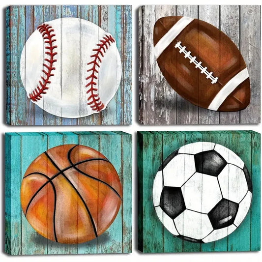 4pcs  Boys Room Sports Decor Wall Art Canvas Framed
