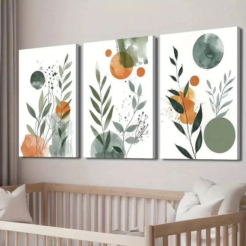 3pcs Nordic Green & Orange Botanical Leaf Wall Art Set Canvas Unframed - High Quality Print 100% Australian Made Wall Canvas