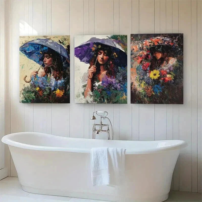 3pcs Women Umbrella & Flower Portraits Perfect Wall Art Set Canvas Framed 60x90cm - High Quality Print 100% Australian Made Wall Canvas Ready to Hang