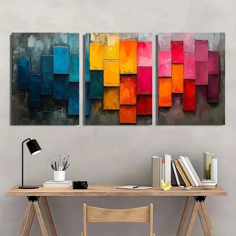3pcs Minimalist Colorful Block Oil Painting Metal Print Ready to Hang Art - Bella Home Decor