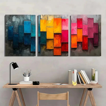 3pcs Minimalist Colorful Block Oil Painting Metal Print Ready to Hang Art - Bella Home Decor