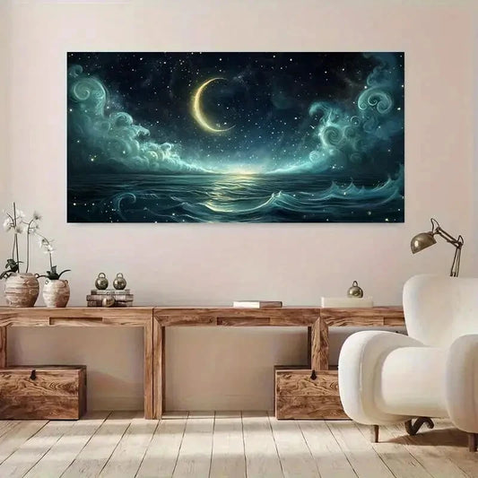 Modern Night Moonlit Stars wall canvas office home room framed 120x60cm - Bella Home Decor