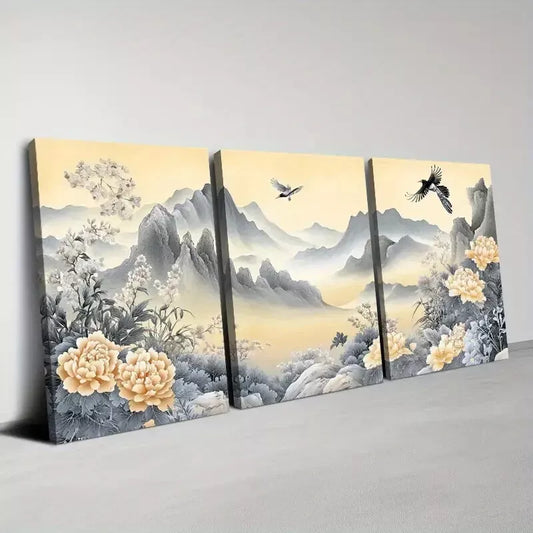 3pcs Serene Landscape with Blooming Peonies Art Set Canvas Framed 50x70cm - High Quality Print 100% Australian Made Wall Canvas Ready to Hang