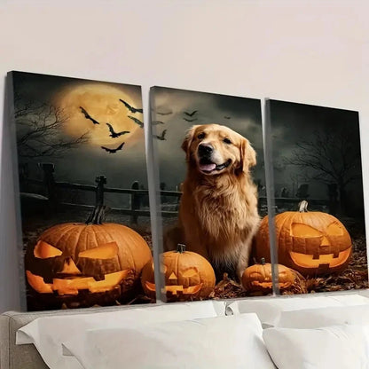 3pcs Pumpkin Surrounding Golden Retriever Wall Art Set Canvas Framed 40x60cm - High Quality Print 100% Australian Made Wall Canvas Ready to Hang - Bella Home Decor