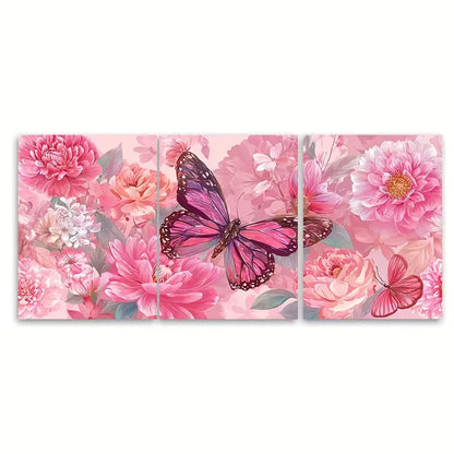 3pcs Butterfly Floral Print Pink Girly Metal Print Ready to Hang Art - Bella Home Decor