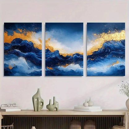 3pcs Blue and Golden Abstract Painting Metal Print Ready to Hang Art