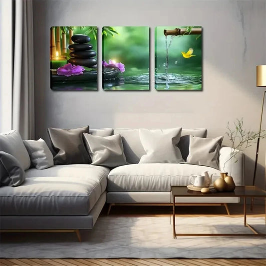 3pcs purple Flowers & Serene Waters Wall Art Set Canvas Framed 40x60cm - High Quality Print 100% Australian Made Wall Canvas Ready to Hang