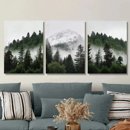 3pcs Snowy Mountain and Forest Wall Art Set Canvas Framed 50x70cm - High Quality Print 100% Australian Made Wall Canvas Ready to Hang