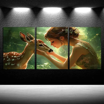 3pcs Girl holding a deer Love Illustration Metal Print Ready to Hang Art - Bella Home Decor