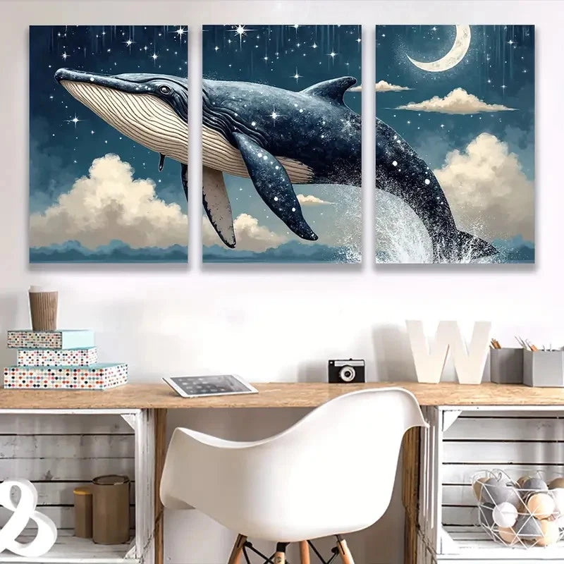 3pcs Majestic Whale Head with Starry Night Sky Wal1l Art Set Canvas Framed 40x60cm - High Quality Print 100% Australian Made Wall Canvas Ready to Hang