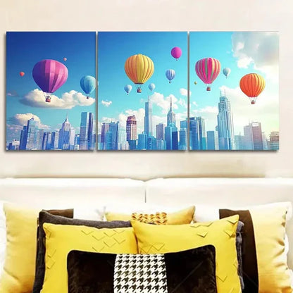 3pcs Skyscrapers and Hot Air Balloons Wall Art Canvas Unframed - High Quality Print 100% Australian Made Wall Canvas