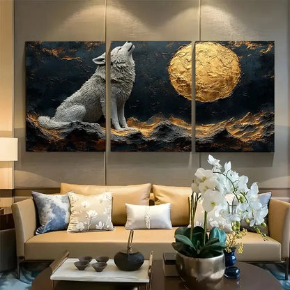 3pcs Silvery Wolf Howling Design Metal Print Ready to Hang Art