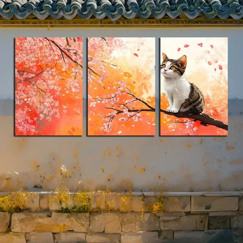 3pcs Vibrant Cat on Cherry Tree Design Metal Print Ready to Hang Art - Bella Home Decor