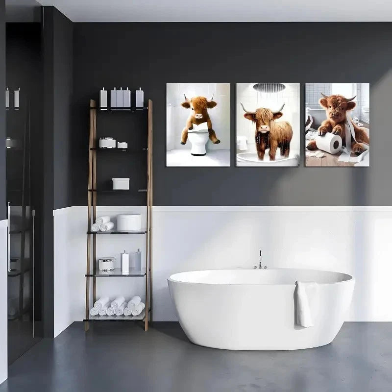 3pcs Funny Bathroom Brown Cute Cow Animal  Metal Print Ready to Hang Art
