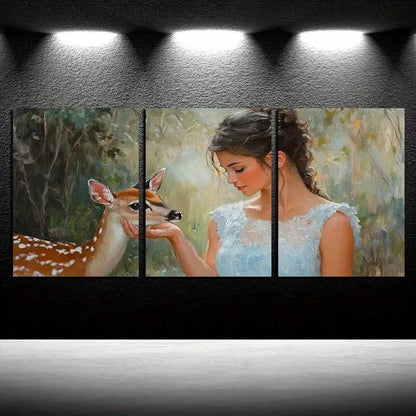 3pcs Cute Girl holding a Deer face Design Metal Print Ready to Hang Art - Bella Home Decor