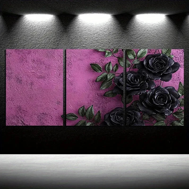 3pcs Purple Rose with Pink Background Design Metal Print Ready to Hang Art - Bella Home Decor