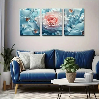 3pcs Serene Light Blue Floral & Butterfly Design Wall Art Set Canvas Unframed - High Quality Print 100% Australian Made Wall Canvas