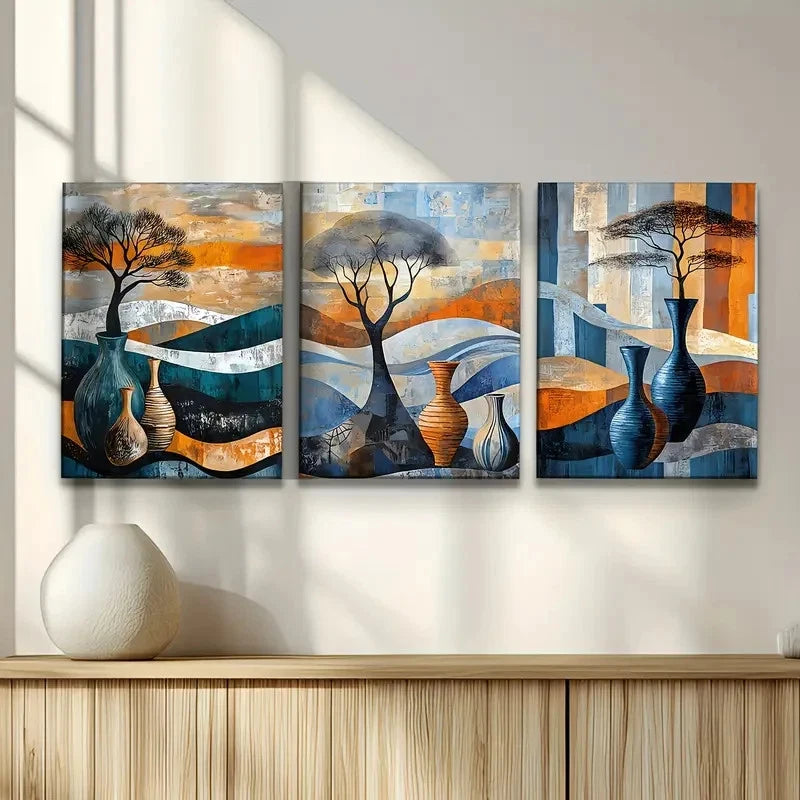 3pcs African Trees and Vase Painting Metal Print Ready to Hang Art - Bella Home Decor