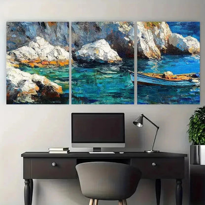 3pcs Mediterranean Seascape Coastal Boat Ocean Metal Print Ready to Hang Art - Bella Home Decor