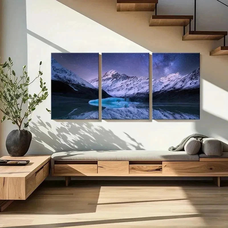 3pcs Night Scene Snowy Mountains & River Wall Art Set Canvas Framed 60x90cm - High Quality Print 100% Australian Made Wall Canvas Ready to Hang