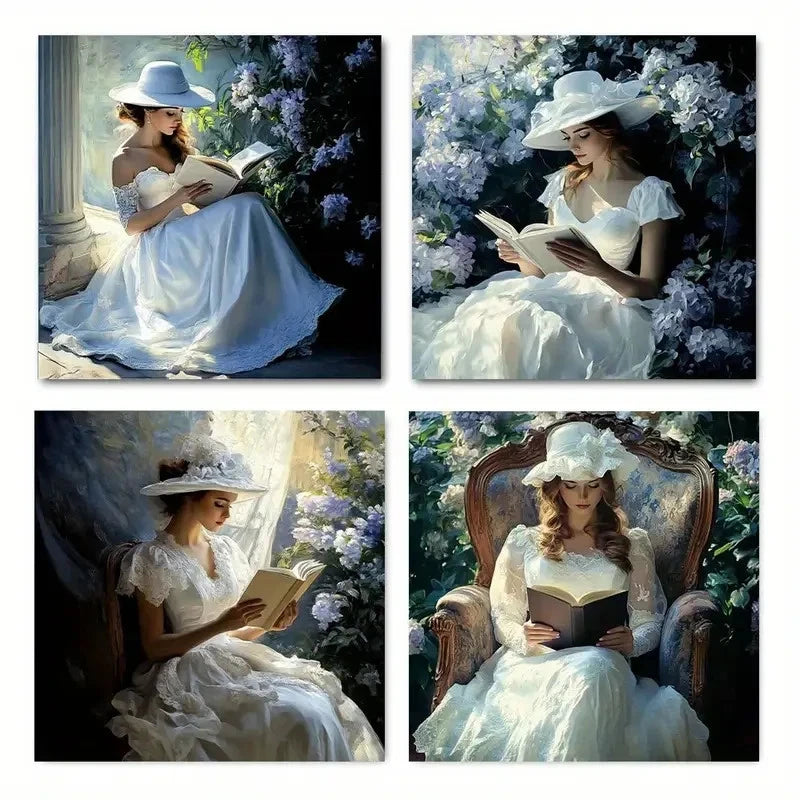 4pcs Victorian Elegant Woman Reading in Garden Wall Art Canvas Framed