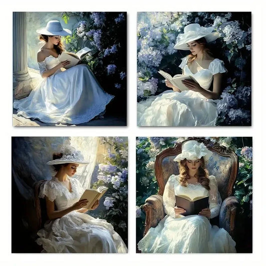 4pcs Victorian Elegant Woman Reading in Garden Wall Art Canvas Framed
