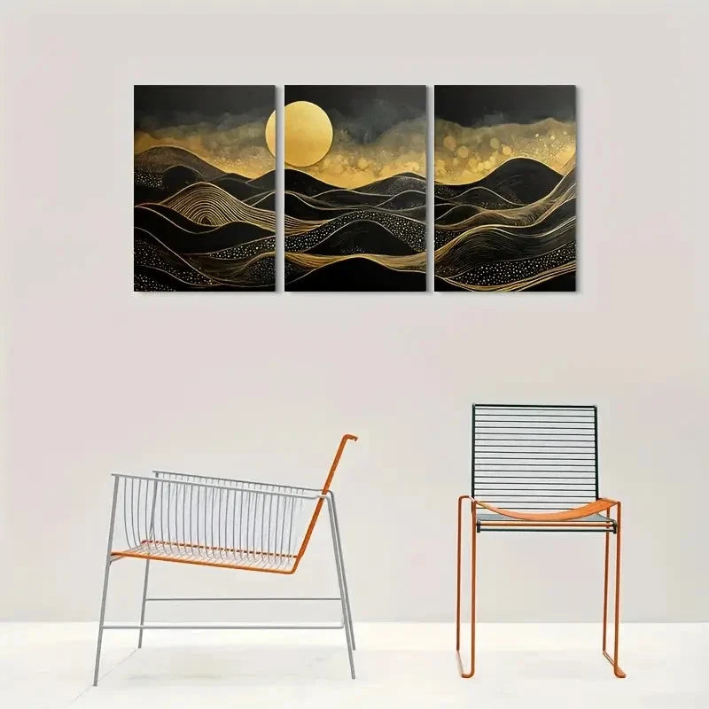 3pcs Golden Moon and Black Waves Metal Print Ready to Hang Art - Bella Home Decor