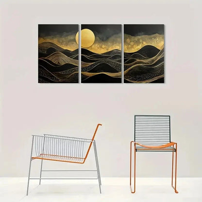 3pcs Golden Moon and Black Waves Metal Print Ready to Hang Art - Bella Home Decor