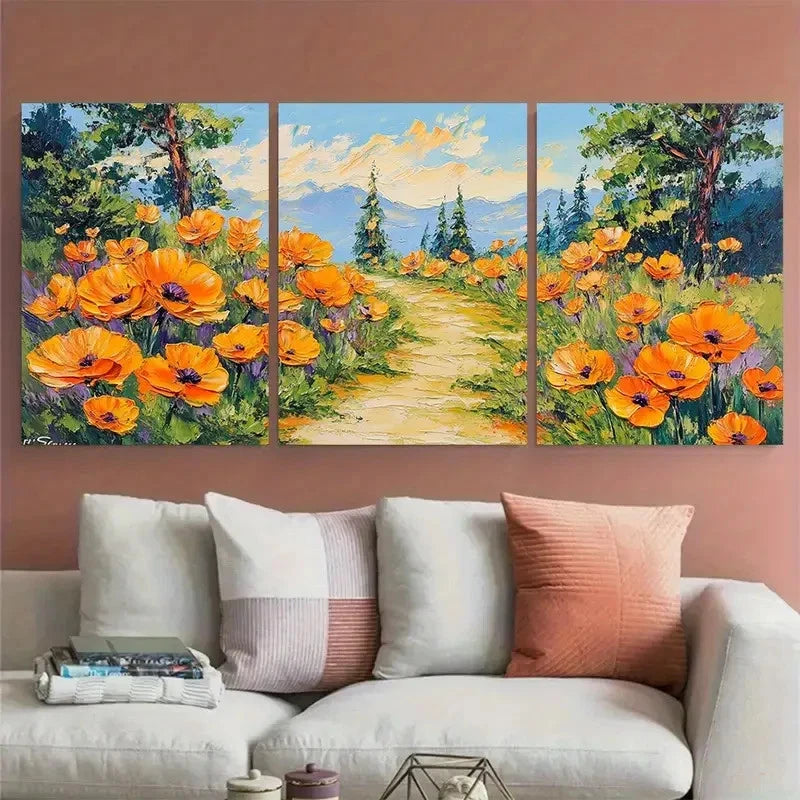 3pcs California Poppies Floral Pathway Landscape Metal Print Ready to Hang Art - Bella Home Decor