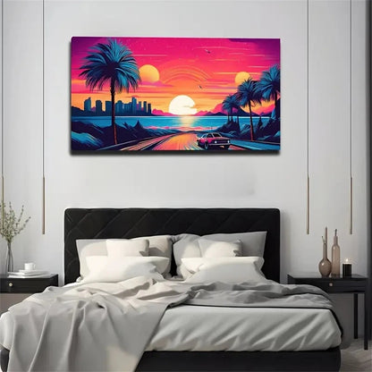 Deep Road Sunset And Car Wall Art Canvas Office Home Room Framed 120x60cm