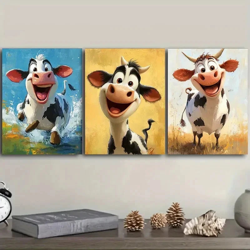 3pcs a cute, happy cow Wall Art Set Canvas Framed 50x70cm - High Quality Print 100% Australian Made Wall Canvas Ready to Hang - Bella Home Decor