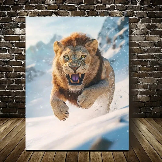 Lion Running on Snowy Mountain Painting 40x60cm Metal Print Ready to Hang - Bella Home Decor